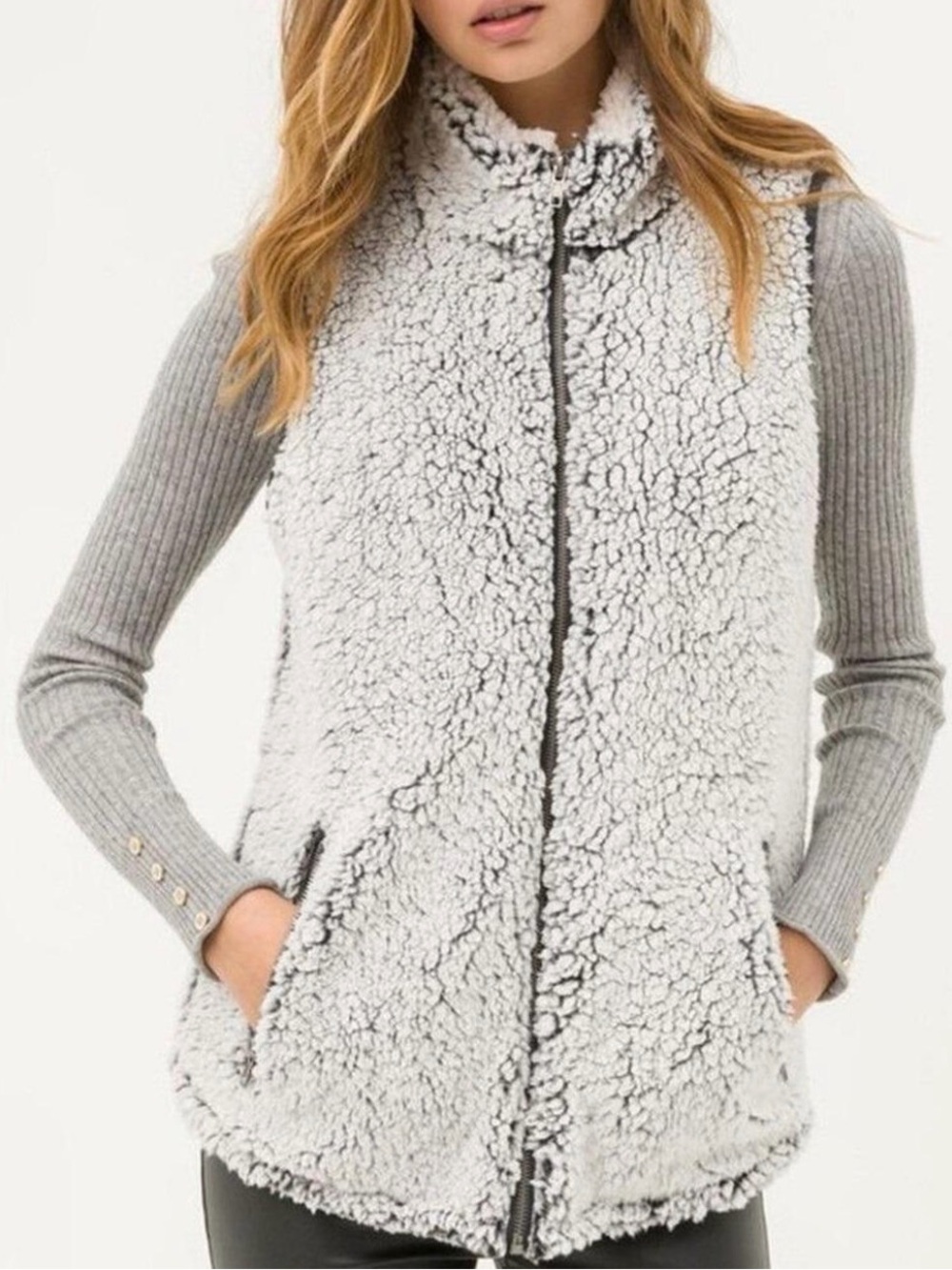 Thread & Supply Ivory Cozy Sherpa Teddy Zip Up Vest Jacket Gray Trim - Medium